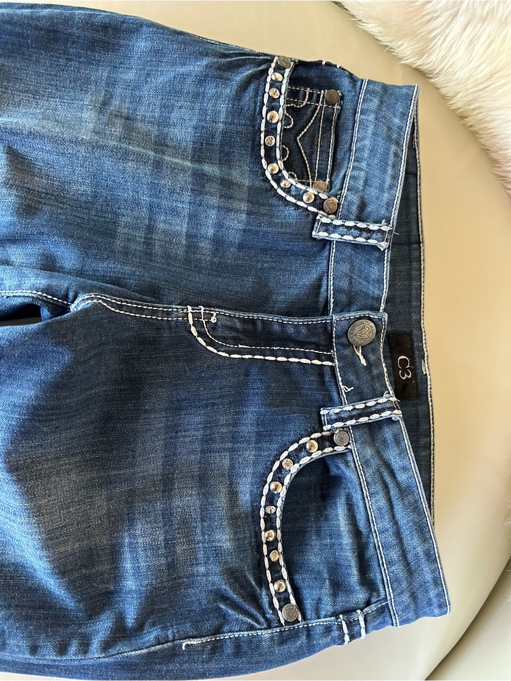 C3 Embellished Dark Blue Boot Cut Jeans with White Trim
